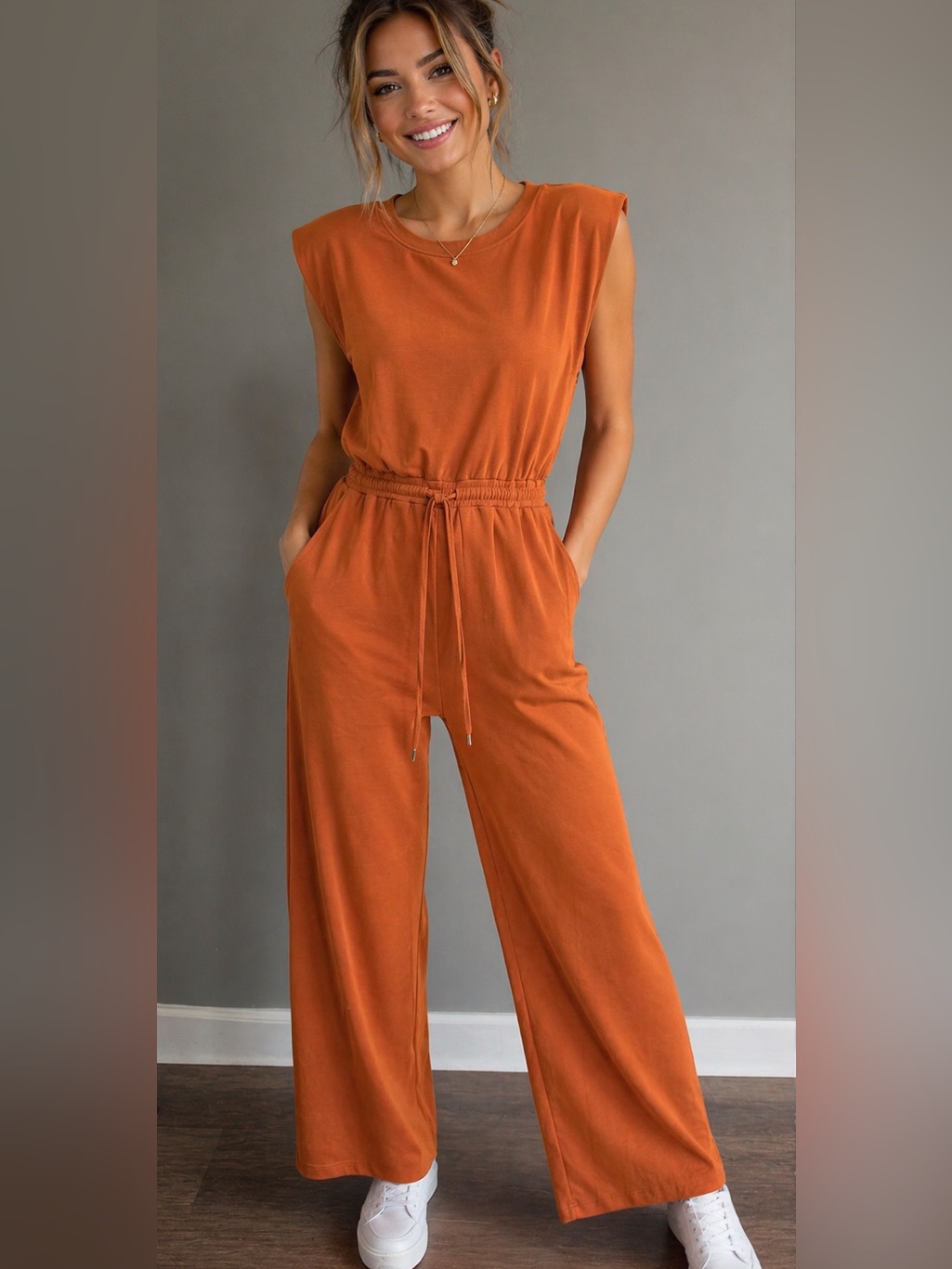 Skies Are Blue Modal Women's Brown Sleeveless Jumpsuit With Drawstring Waist